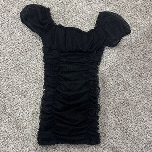 Black Ruched Mini Dress with Puff Sleeves